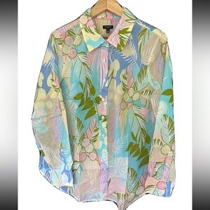 Talbots Women Pastel Floral Tropical lightweight Cotton Button Up Shirt Medium